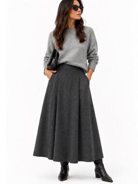 Evan Picone Charcoal Virgin Wool Pleated A-Line Midi Skirt Medium